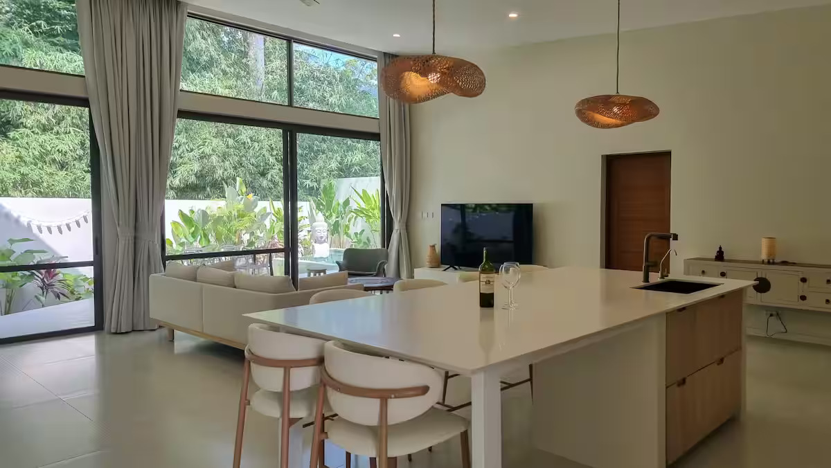 Open-plan kitchen and living room at Pool Villa Lamai - modern design with high ceilings and natural light, Koh Samui